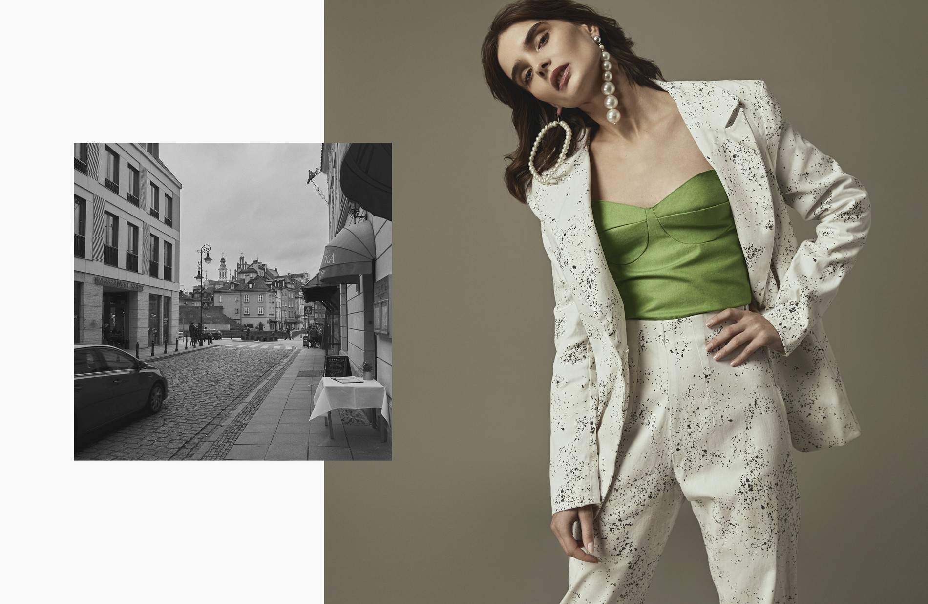 Top, jacket, pants, earrings Dramat 