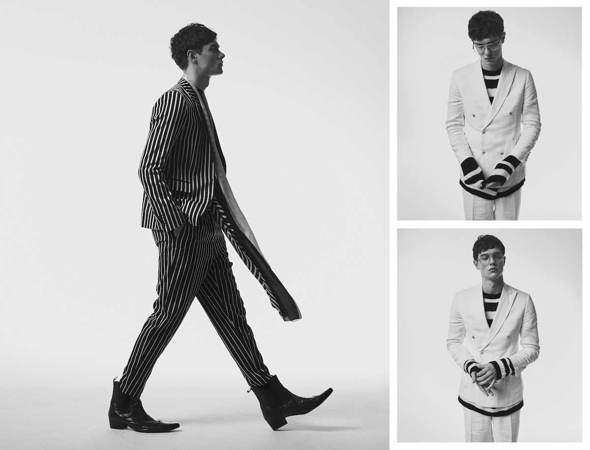 Слева: Suit Diesel Black Gold; Scarf MOSCHINO; Shoes GUCINARI; T-shirt Acne STudios. Справа: White Suit HARATY; Sweater  ZARA; Glasses BOGNER.