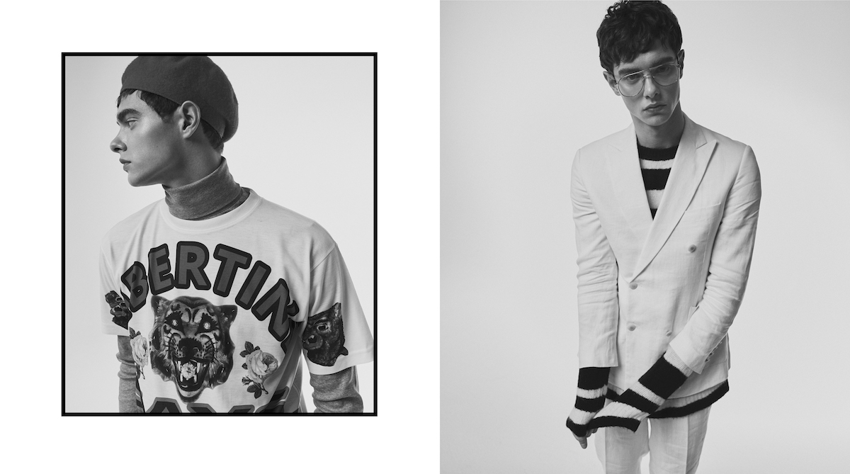 Слева: Hat KANGOL; Turtleneck AMI Alexandre Mattussi; T-shirt LIBERTY NYC; TIGER OF SWEDEN. Справа: White Suit HARATYK; Sweater  ZARA; Glasses BOGNER.