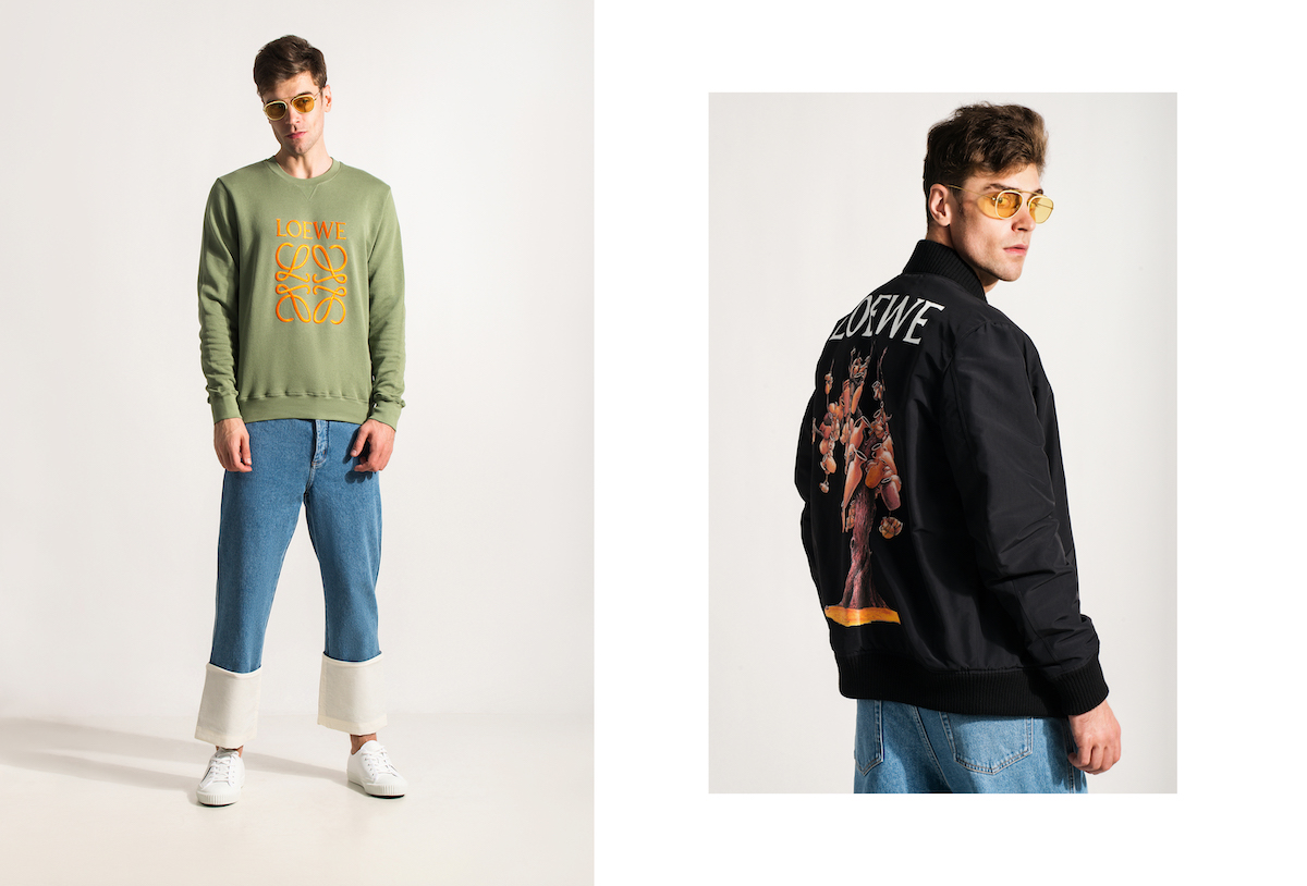 Свитшот, джинсы, бомбер – Loewe, кеды Valentino, очки Sunday Somewhere 