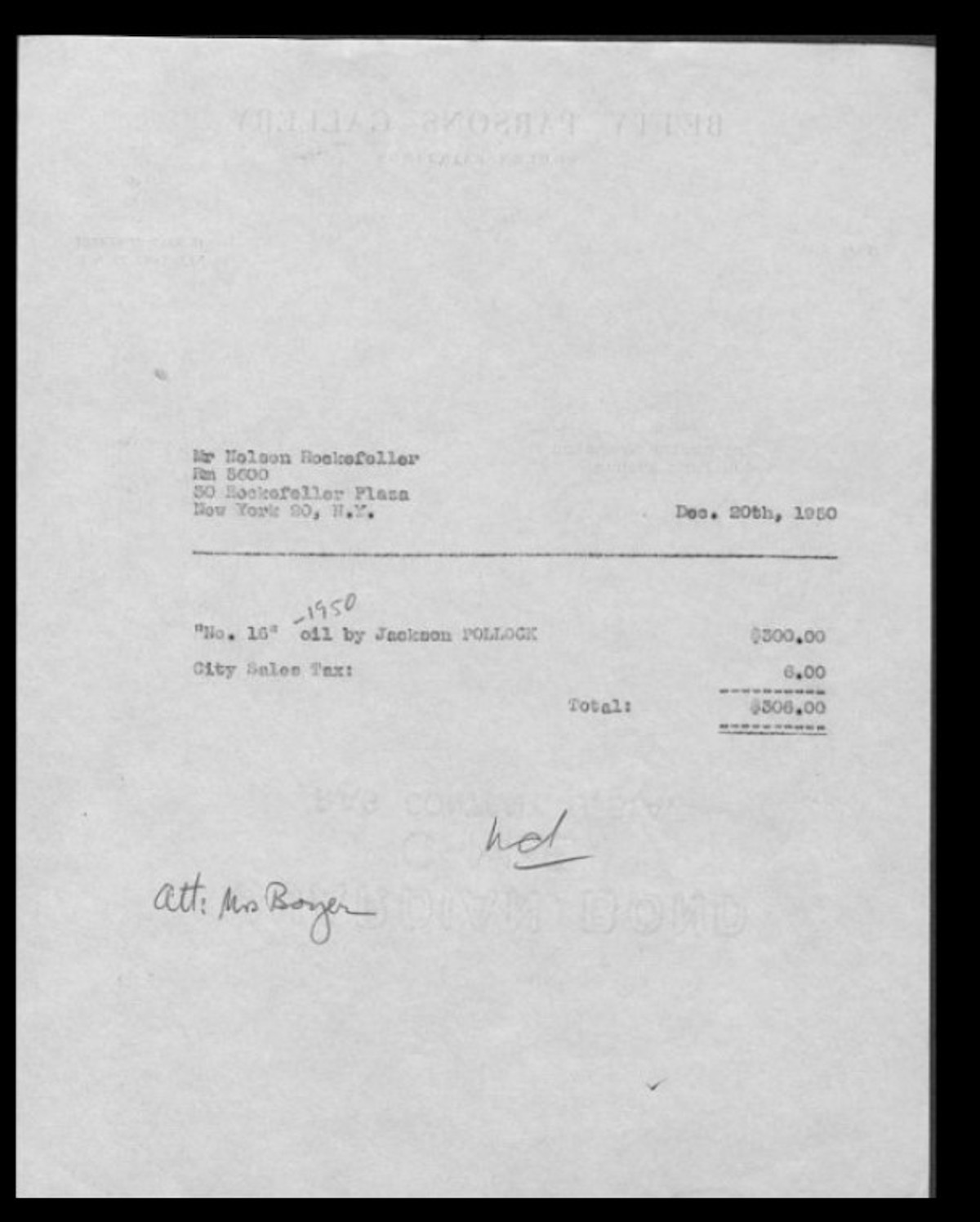 Чек на сумму $306, датированный 20 декабря 1950 года. Именно в этот день и за эту сумму Нельсон А. Рокфеллер приобрел «Номер 16»