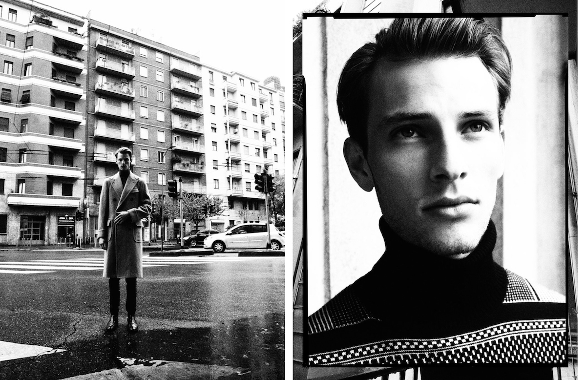 Пальто RALPH LAUREN,  брюки и водолазка BOSS,  обувь Sаint Laurent;  (Портрет слева) водолазка VERSACE. 