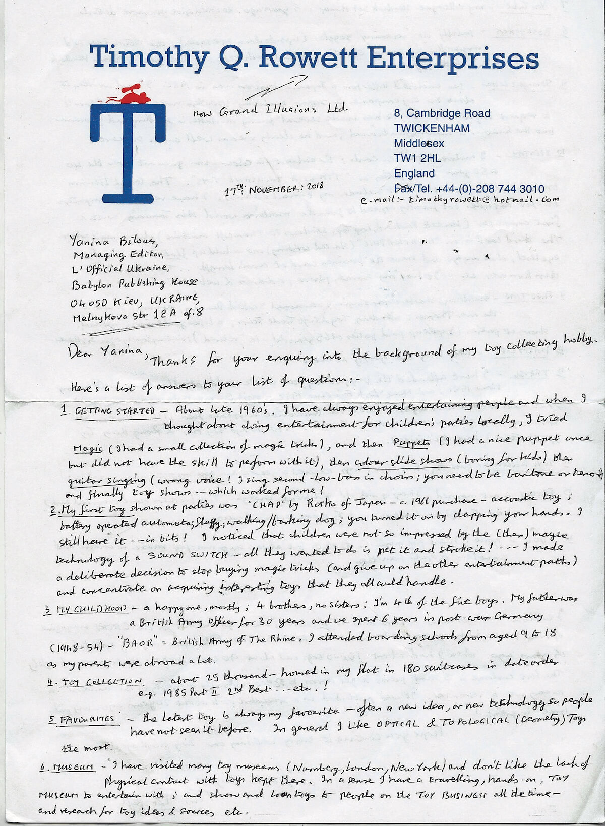 Письмо Тима Роуэтта выпускающему редактору L'Officiel Hommes UA Янине Белоус