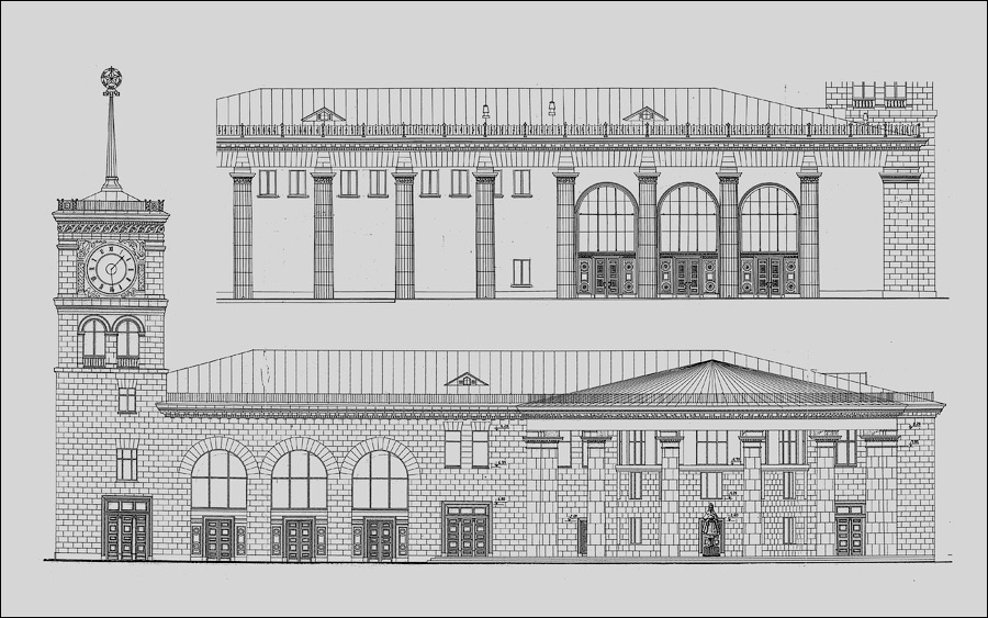 Эскиз наземного павельона станции «Вокзальная», поданный на первый конкурс проектов станций 1952 года