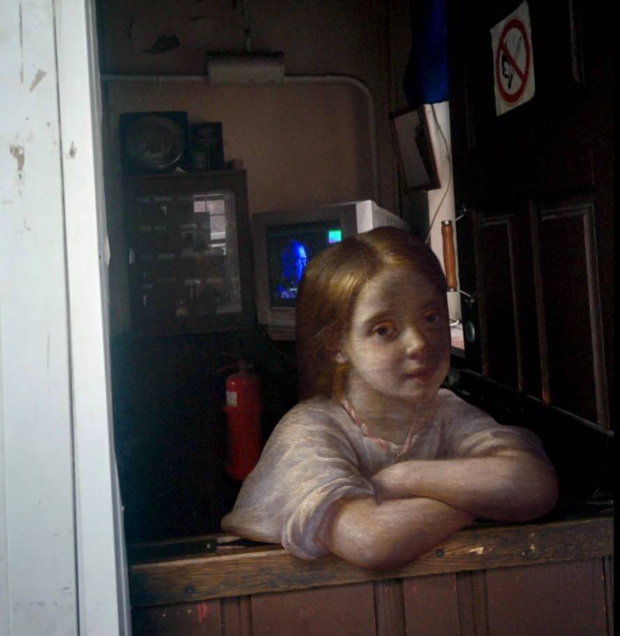 В коллаже использован фрагмент работы Капитона Павлова (Портрет дочери художника Дарьи)