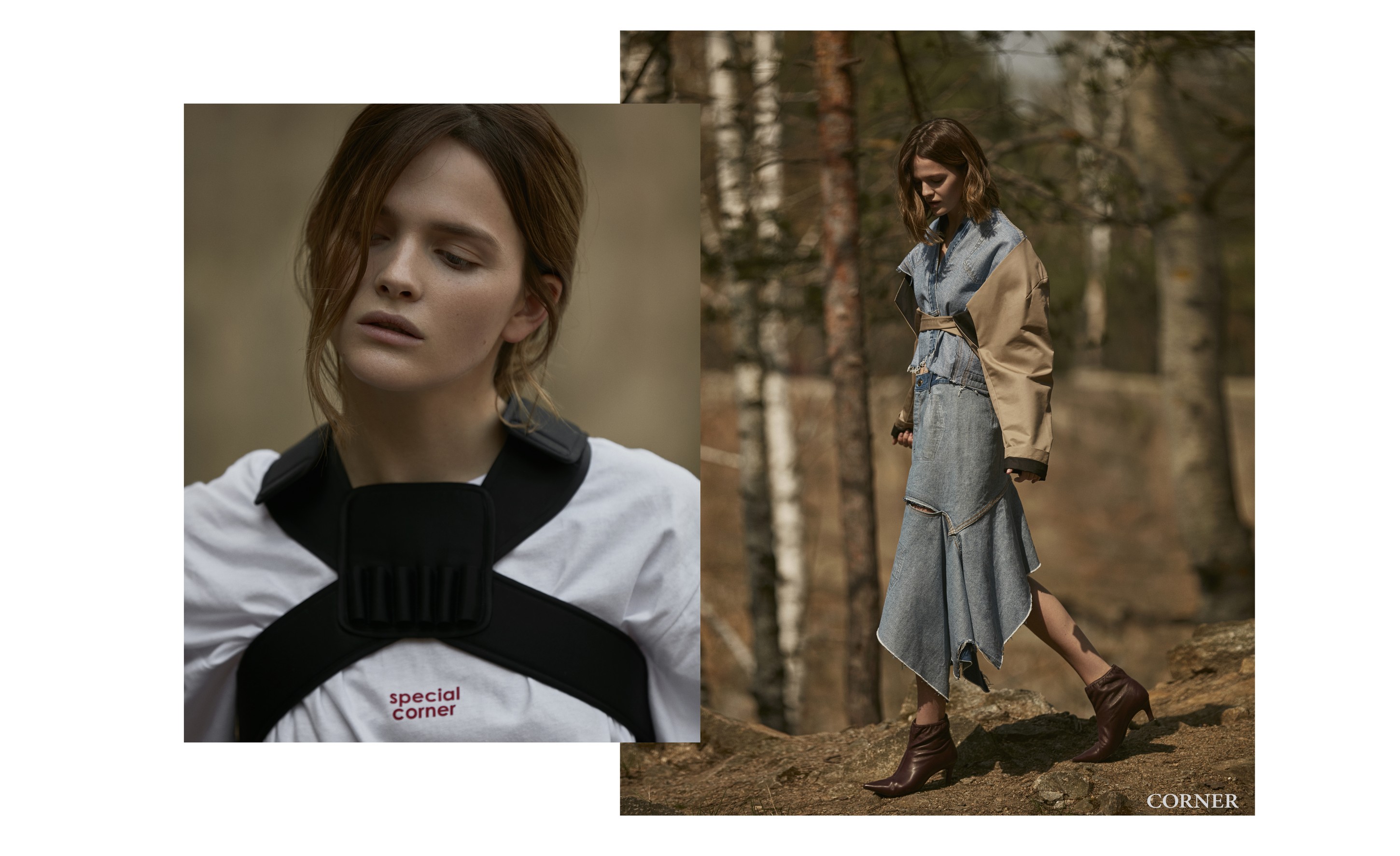 Справа: юбка и пиджак — Litkovskaya; слева: футболка — Corner, бандаж — Bevza