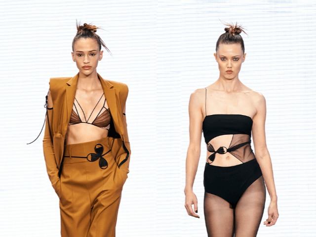 Колготки с разрезами на бедре и бикини из цветов на дебютном показе Nensi Dojaka