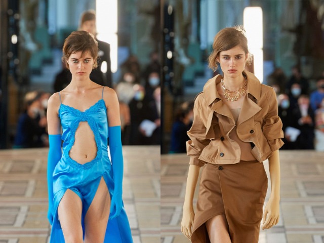 Юбки-тренчи, корсетные блузы и легинсы в стразах на показе Rokh